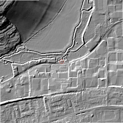 Shaded relief map of the ground around GL208HA, computed from Environment Agency LiDAR. The ground here sits at about 12 m above sea level and falls 19 m across the surrounding 800 m. Surface water reaching this point runs off ground lying to the east-south-east, 7.0 m higher.