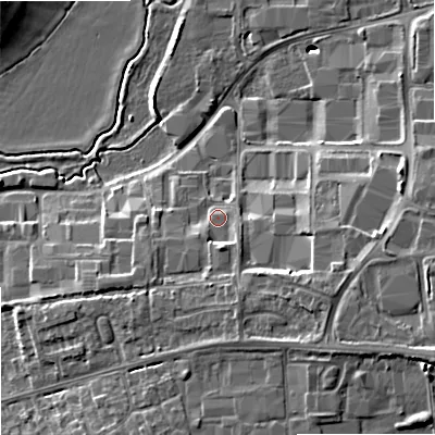 Shaded relief map of the ground around GL208HD, computed from Environment Agency LiDAR. The ground here sits at about 15 m above sea level and falls 11 m across the surrounding 800 m. Surface water reaching this point runs off ground lying to the south-south-east, 3.7 m higher.