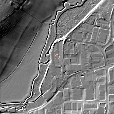 Shaded relief map of the ground around GL208HG, computed from Environment Agency LiDAR. The ground here sits at about 13 m above sea level and falls 22 m across the surrounding 800 m. Surface water reaching this point runs off ground lying to the north-north-east, 3.1 m higher.