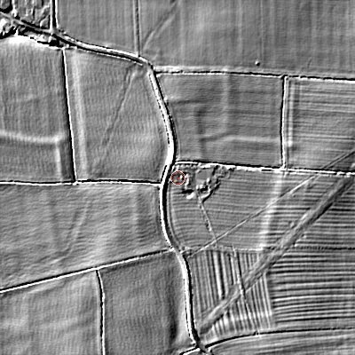 Shaded relief map of the ground around GL208HY, computed from Environment Agency LiDAR. The ground here sits at about 26 m above sea level and falls 10 m across the surrounding 800 m. Surface water reaching this point runs off ground lying to the south, 3.1 m higher.