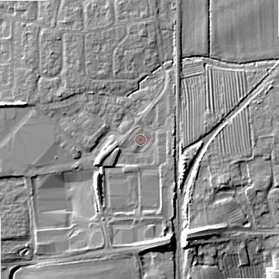Shaded relief map of the ground around GL208JH, computed from Environment Agency LiDAR. The ground here sits at about 20 m above sea level and falls 11 m across the surrounding 800 m. Surface water reaching this point runs off ground lying to the west-south-west, 4.7 m higher.