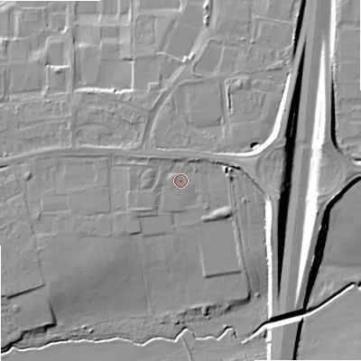 Shaded relief map of the ground around GL208JJ, computed from Environment Agency LiDAR. The ground here sits at about 18 m above sea level and falls 12 m across the surrounding 800 m. Surface water reaching this point runs off ground lying to the west-north-west, 0.8 m higher.