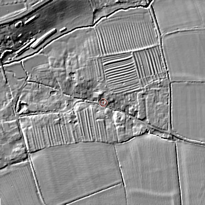 Shaded relief map of the ground around GL208LX, computed from Environment Agency LiDAR. The ground here sits at about 19 m above sea level and falls 8 m across the surrounding 800 m. Surface water reaching this point runs off ground lying to the south-east, 6.2 m higher.
