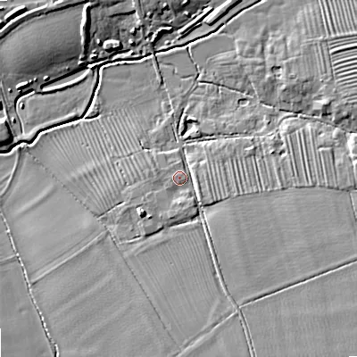 Shaded relief map of the ground around GL208LY, computed from Environment Agency LiDAR. The ground here sits at about 20 m above sea level and falls 9 m across the surrounding 800 m. Surface water reaching this point runs off ground lying to the south, 1.6 m higher.