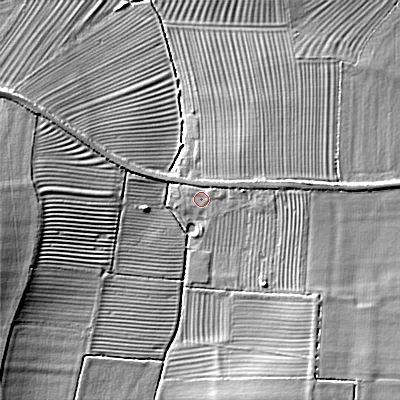 Shaded relief map of the ground around GL208NG, computed from Environment Agency LiDAR. The ground here sits at about 40 m above sea level and falls 11 m across the surrounding 800 m. Surface water reaching this point runs off ground lying to the south-east, 2.9 m higher.