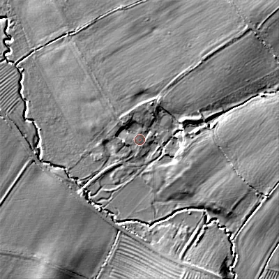 Shaded relief map of the ground around GL208NQ, computed from Environment Agency LiDAR. The ground here sits at about 41 m above sea level and falls 18 m across the surrounding 800 m. Surface water reaching this point runs off ground lying to the north-north-east, 3.9 m higher.