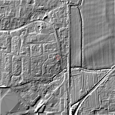 Shaded relief map of the ground around GL208PQ, computed from Environment Agency LiDAR. The ground here sits at about 21 m above sea level and falls 6 m across the surrounding 800 m. Surface water reaching this point runs off ground lying to the north-north-west, 0.9 m higher.
