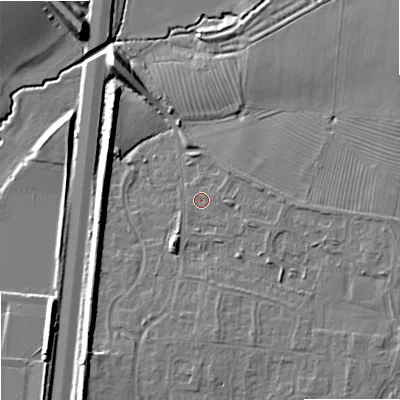 Shaded relief map of the ground around GL208RH, computed from Environment Agency LiDAR. The ground here sits at about 18 m above sea level and falls 11 m across the surrounding 800 m. Surface water reaching this point runs off ground lying to the east, 2.1 m higher.