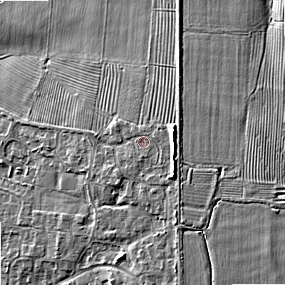 Shaded relief map of the ground around GL208SB, computed from Environment Agency LiDAR. The ground here sits at about 22 m above sea level and falls 8 m across the surrounding 800 m. Surface water reaching this point runs off ground lying to the east-north-east, 0.6 m higher.