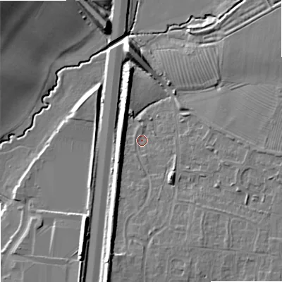 Shaded relief map of the ground around GL208SW, computed from Environment Agency LiDAR. The ground here sits at about 16 m above sea level and falls 17 m across the surrounding 800 m. Surface water reaching this point runs off ground lying to the south-south-west, 7.0 m higher.