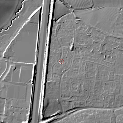 Shaded relief map of the ground around GL208SY, computed from Environment Agency LiDAR. The ground here sits at about 18 m above sea level and falls 11 m across the surrounding 800 m. Surface water reaching this point runs off ground lying to the south-east, 0.8 m higher.