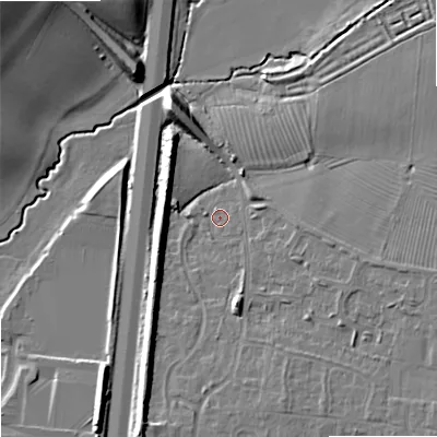 Shaded relief map of the ground around GL208TA, computed from Environment Agency LiDAR. The ground here sits at about 17 m above sea level and falls 17 m across the surrounding 800 m. Surface water reaching this point runs off ground lying to the south-south-west, 6.9 m higher.