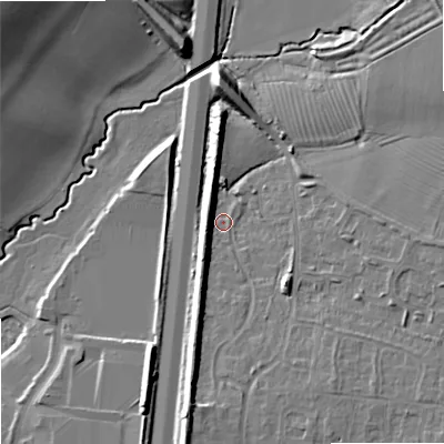 Shaded relief map of the ground around GL208TH, computed from Environment Agency LiDAR. The ground here sits at about 17 m above sea level and falls 19 m across the surrounding 800 m. Surface water reaching this point runs off ground lying to the south, 7.4 m higher.