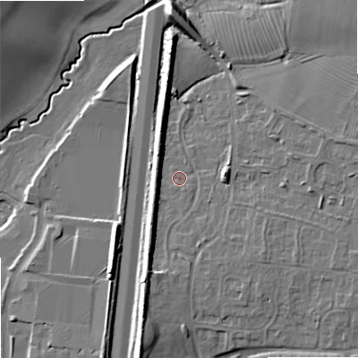 Shaded relief map of the ground around GL208TJ, computed from Environment Agency LiDAR. The ground here sits at about 18 m above sea level and falls 12 m across the surrounding 800 m. Surface water reaching this point runs off ground lying to the south-south-west, 5.1 m higher.