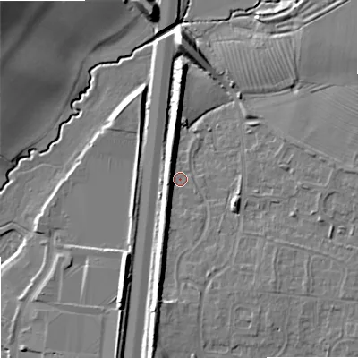 Shaded relief map of the ground around GL208TL, computed from Environment Agency LiDAR. The ground here sits at about 18 m above sea level and falls 17 m across the surrounding 800 m. Surface water reaching this point runs off ground lying to the south, 7.0 m higher.