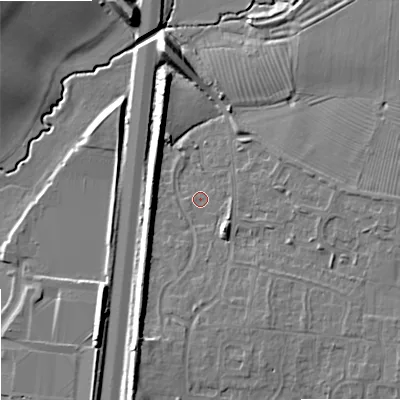 Shaded relief map of the ground around GL208TN, computed from Environment Agency LiDAR. The ground here sits at about 17 m above sea level and falls 12 m across the surrounding 800 m. Surface water reaching this point runs off ground lying to the south-east, 4.4 m higher.