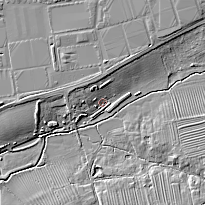 Shaded relief map of the ground around GL208WE, computed from Environment Agency LiDAR. The ground here sits at about 19 m above sea level and falls 9 m across the surrounding 800 m. Surface water reaching this point runs off ground lying to the north-west, 5.9 m higher.