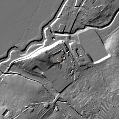 Shaded relief map of the ground around GL209SF, computed from Environment Agency LiDAR. The ground here sits at about 18 m above sea level and falls 14 m across the surrounding 800 m. Surface water reaching this point runs off ground lying to the west-north-west, 2.3 m higher.