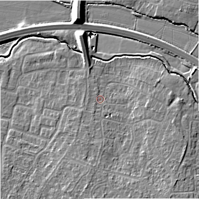 Shaded relief map of the ground around GL20EA, computed from Environment Agency LiDAR. The ground here sits at about 15 m above sea level and falls 21 m across the surrounding 800 m. Surface water reaching this point runs off ground lying to the south, 2.7 m higher.