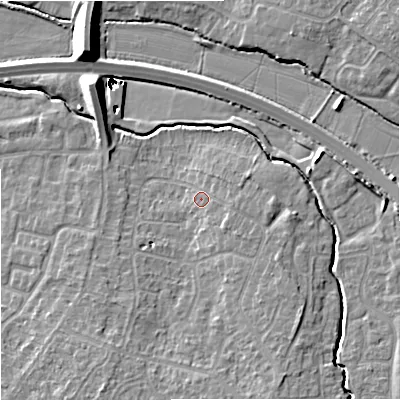 Shaded relief map of the ground around GL20EQ, computed from Environment Agency LiDAR. The ground here sits at about 16 m above sea level and falls 21 m across the surrounding 800 m. Surface water reaching this point runs off ground lying to the south-east, 1.7 m higher.
