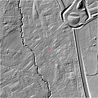 Shaded relief map of the ground around GL20HA, computed from Environment Agency LiDAR. The ground here sits at about 19 m above sea level and falls 11 m across the surrounding 800 m. Surface water reaching this point runs off ground lying to the south-east, 5.3 m higher.