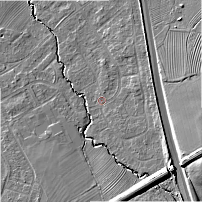 Shaded relief map of the ground around GL20HF, computed from Environment Agency LiDAR. The ground here sits at about 20 m above sea level and falls 14 m across the surrounding 800 m. Surface water reaching this point runs off ground lying to the south-east, 1.4 m higher.