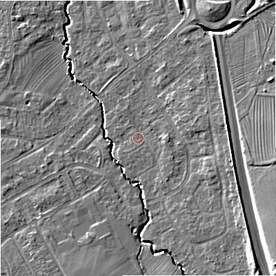 Shaded relief map of the ground around GL20HG, computed from Environment Agency LiDAR. The ground here sits at about 19 m above sea level and falls 14 m across the surrounding 800 m. Surface water reaching this point runs off ground lying to the south-east, 3.2 m higher.