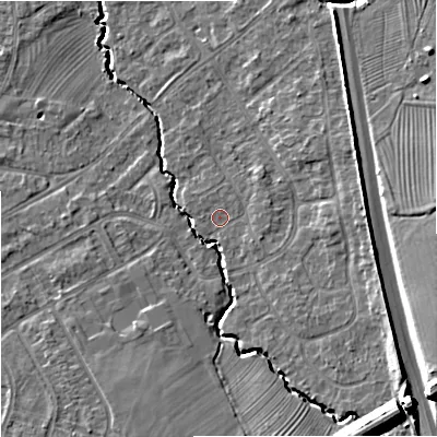 Shaded relief map of the ground around GL20HQ, computed from Environment Agency LiDAR. The ground here sits at about 20 m above sea level and falls 14 m across the surrounding 800 m. Surface water reaching this point runs off ground lying to the south-south-east, 0.6 m higher.