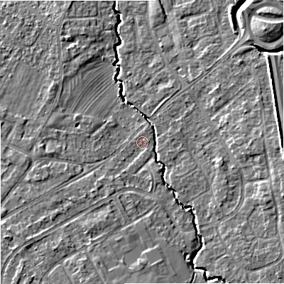 Shaded relief map of the ground around GL20JW, computed from Environment Agency LiDAR. The ground here sits at about 19 m above sea level and falls 8 m across the surrounding 800 m. Surface water reaching this point runs off ground lying to the south-west, 2.5 m higher.