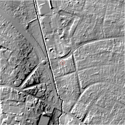 Shaded relief map of the ground around GL20LS, computed from Environment Agency LiDAR. The ground here sits at about 17 m above sea level and falls 14 m across the surrounding 800 m. Surface water reaching this point runs off ground lying to the east-north-east, 2.3 m higher.
