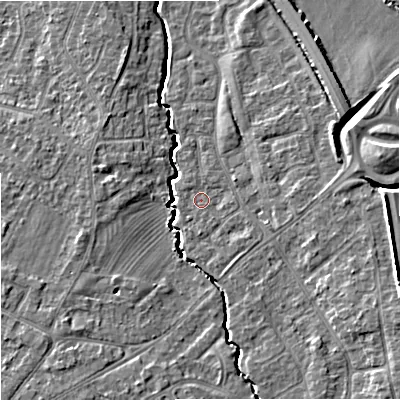 Shaded relief map of the ground around GL20NN, computed from Environment Agency LiDAR. The ground here sits at about 18 m above sea level and falls 9 m across the surrounding 800 m. Surface water reaching this point runs off ground lying to the east-south-east, 4.1 m higher.