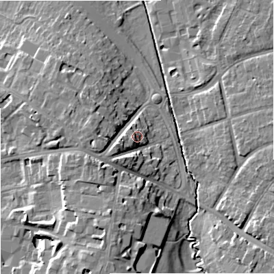 Shaded relief map of the ground around GL20QJ, computed from Environment Agency LiDAR. The ground here sits at about 19 m above sea level and falls 14 m across the surrounding 800 m. Surface water reaching this point runs off ground lying to the west-south-west, 4.6 m higher.