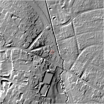 Shaded relief map of the ground around GL20QL, computed from Environment Agency LiDAR. The ground here sits at about 17 m above sea level and falls 15 m across the surrounding 800 m. Surface water reaching this point runs off ground lying to the west-south-west, 5.2 m higher.