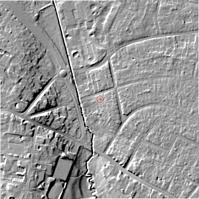 Shaded relief map of the ground around GL20QN, computed from Environment Agency LiDAR. The ground here sits at about 17 m above sea level and falls 14 m across the surrounding 800 m. Surface water reaching this point runs off ground lying to the east-south-east, 2.2 m higher.