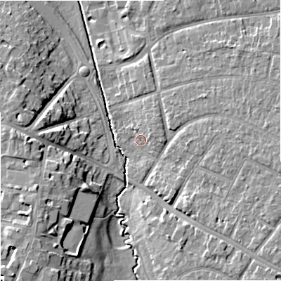 Shaded relief map of the ground around GL20QS, computed from Environment Agency LiDAR. The ground here sits at about 17 m above sea level and falls 15 m across the surrounding 800 m. Surface water reaching this point runs off ground lying to the east, 5.7 m higher.