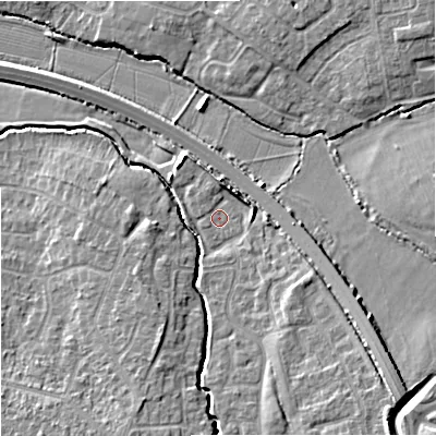 Shaded relief map of the ground around GL20RB, computed from Environment Agency LiDAR. The ground here sits at about 15 m above sea level and falls 8 m across the surrounding 800 m. Surface water reaching this point runs off ground lying to the south-east, 5.6 m higher.