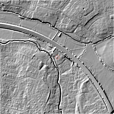 Shaded relief map of the ground around GL20RD, computed from Environment Agency LiDAR. The ground here sits at about 16 m above sea level and falls 8 m across the surrounding 800 m. Surface water reaching this point runs off ground lying to the east-north-east, 2.4 m higher.