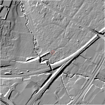 Shaded relief map of the ground around GL20SL, computed from Environment Agency LiDAR. The ground here sits at about 19 m above sea level and falls 16 m across the surrounding 800 m. Surface water reaching this point runs off ground lying to the east, 3.1 m higher.