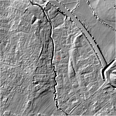 Shaded relief map of the ground around GL20XA, computed from Environment Agency LiDAR. The ground here sits at about 17 m above sea level and falls 9 m across the surrounding 800 m. Surface water reaching this point runs off ground lying to the south, 0.8 m higher.