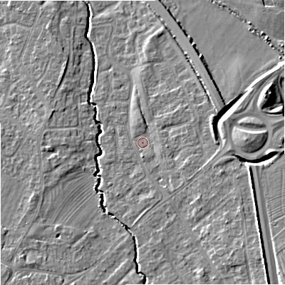 Shaded relief map of the ground around GL20XH, computed from Environment Agency LiDAR. The ground here sits at about 18 m above sea level and falls 10 m across the surrounding 800 m. Surface water reaching this point runs off ground lying to the east-south-east, 2.3 m higher.