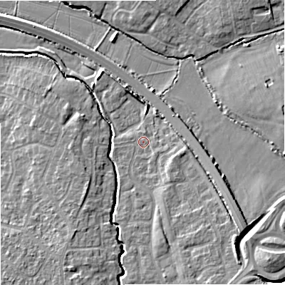 Shaded relief map of the ground around GL20XP, computed from Environment Agency LiDAR. The ground here sits at about 16 m above sea level and falls 9 m across the surrounding 800 m. Surface water reaching this point runs off ground lying to the south-east, 4.8 m higher.