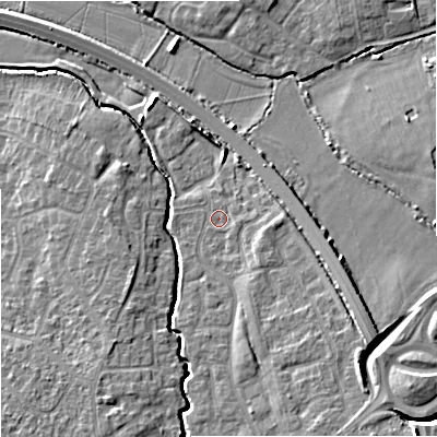 Shaded relief map of the ground around GL20XQ, computed from Environment Agency LiDAR. The ground here sits at about 16 m above sea level and falls 10 m across the surrounding 800 m. Surface water reaching this point runs off ground lying to the south-east, 4.7 m higher.