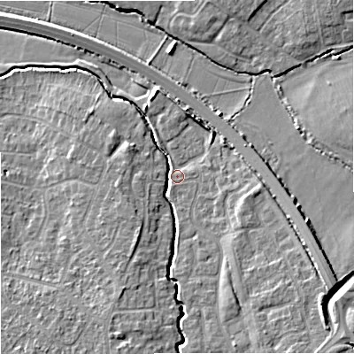 Shaded relief map of the ground around GL20XR, computed from Environment Agency LiDAR. The ground here sits at about 16 m above sea level and falls 8 m across the surrounding 800 m. Surface water reaching this point runs off ground lying to the south-east, 5.6 m higher.