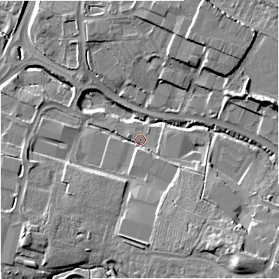 Shaded relief map of the ground around GL22AQ, computed from Environment Agency LiDAR. The ground here sits at about 21 m above sea level and falls 19 m across the surrounding 800 m. Surface water reaching this point runs off ground lying to the south-south-east, 9.2 m higher.