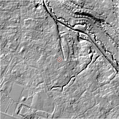 Shaded relief map of the ground around GL22BJ, computed from Environment Agency LiDAR. The ground here sits at about 22 m above sea level and falls 16 m across the surrounding 800 m. Surface water reaching this point runs off ground lying to the south-south-west, 2.7 m higher.