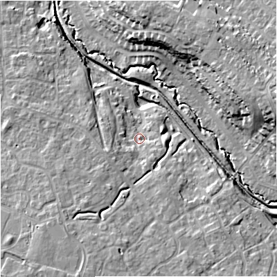 Shaded relief map of the ground around GL22DL, computed from Environment Agency LiDAR. The ground here sits at about 20 m above sea level and falls 18 m across the surrounding 800 m. Surface water reaching this point runs off ground lying to the south-south-west, 6.4 m higher.