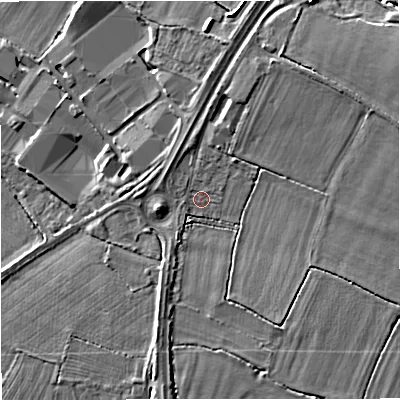 Shaded relief map of the ground around GL22RG, computed from Environment Agency LiDAR. The ground here sits at about 19 m above sea level and falls 9 m across the surrounding 800 m. Surface water reaching this point runs off ground lying to the east-north-east, 4.7 m higher.