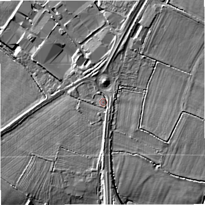 Shaded relief map of the ground around GL22RQ, computed from Environment Agency LiDAR. The ground here sits at about 18 m above sea level and falls 10 m across the surrounding 800 m. Surface water reaching this point runs off ground lying to the south, 2.0 m higher.