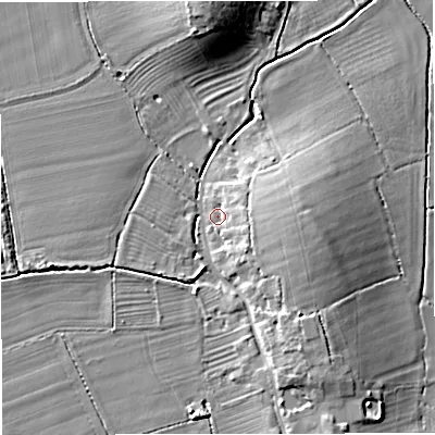 Shaded relief map of the ground around GL23SN, computed from Environment Agency LiDAR. The ground here sits at about 8 m above sea level and falls 11 m across the surrounding 800 m. Surface water reaching this point runs off ground lying to the east, 6.4 m higher.