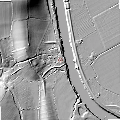 Shaded relief map of the ground around GL23WG, computed from Environment Agency LiDAR. The ground here sits at about 10 m above sea level and falls 28 m across the surrounding 800 m. Surface water reaching this point runs off ground lying to the west-north-west, 12.3 m higher.